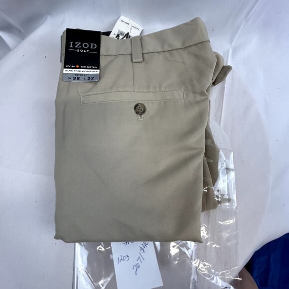 IZOD Golf Pants Men's 38x32 NWT beige front pleat back pocket buttons Metrix fit - Picture 9 of 9